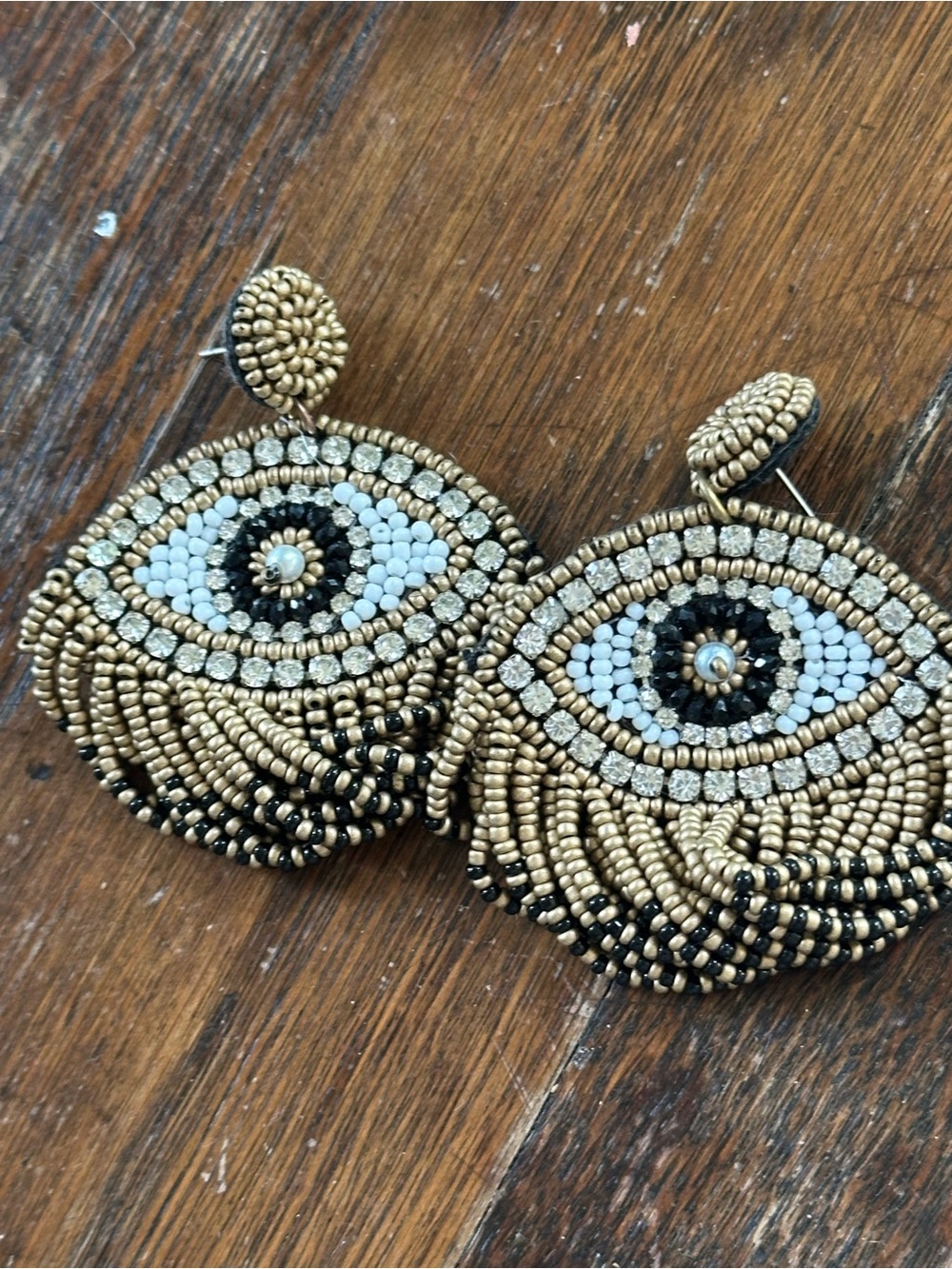 Beaded Evil Eye Drop Earrings in Gold, Black & White
